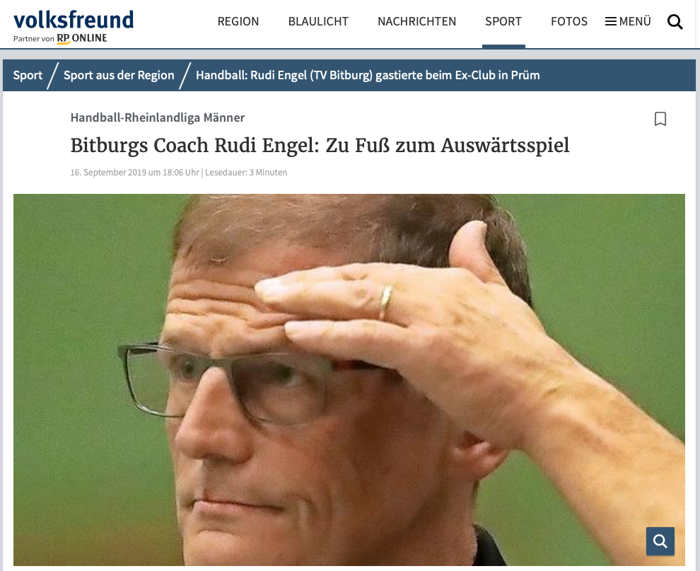 Volksfreund-Artikel: „Bitburgs Coach Rudi Engel: Zu Fuß zum Auswärtsspiel“