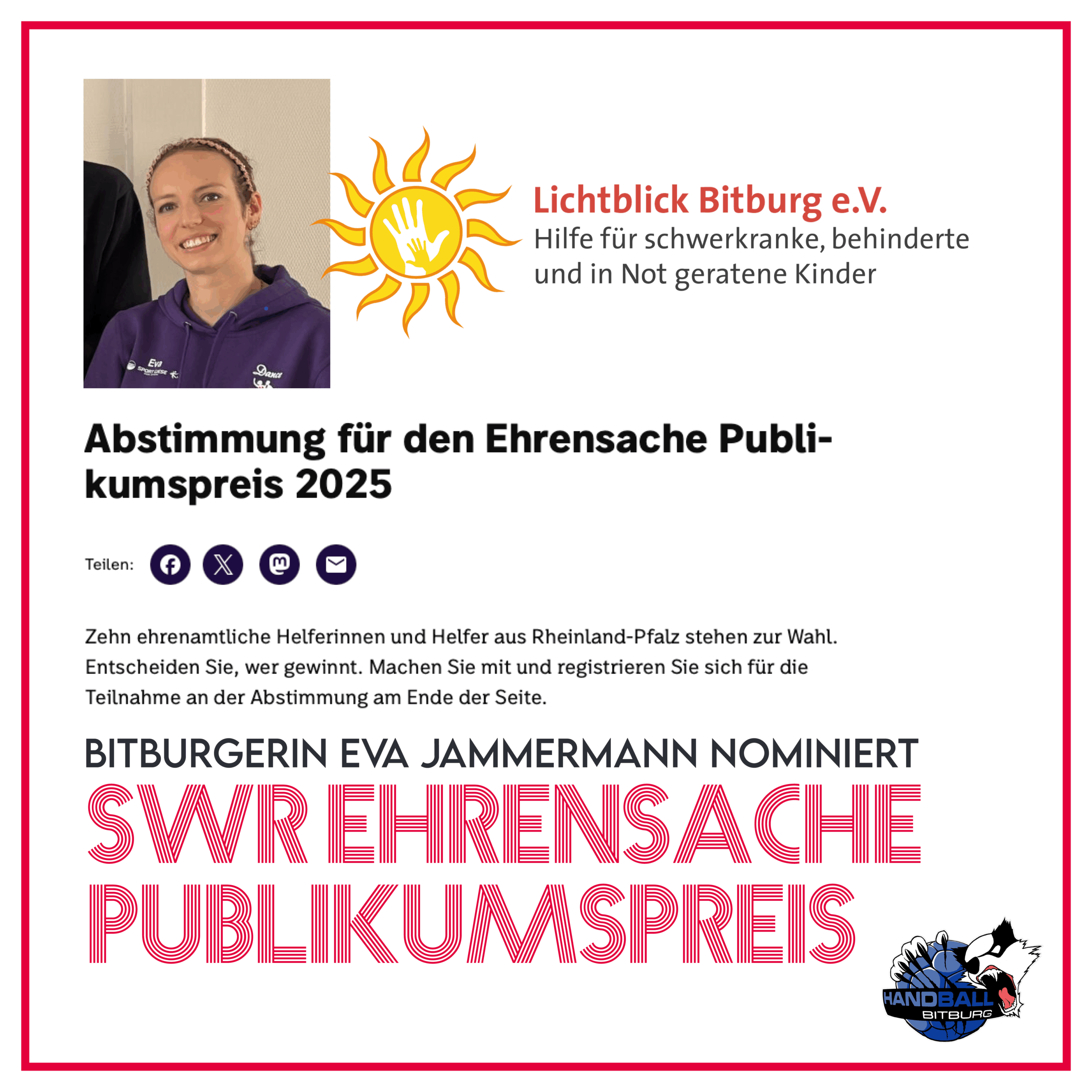 Bitburgerin Eva Jammermann für den SWR Ehrensache Publikumspreis nominiert!